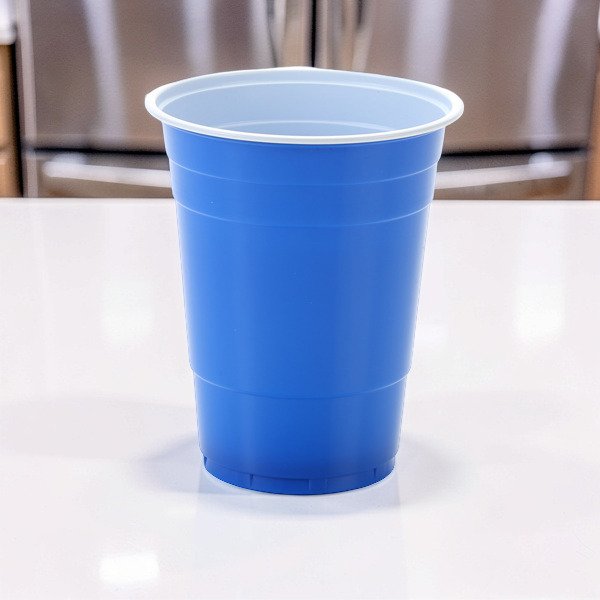 A branded plastic party cup on a kitchen counter
